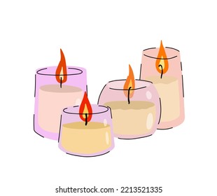 Scented candles in glass jar. Set of Romantic Flame and fire in decorative glass. Doodle cartoon isolated on white background