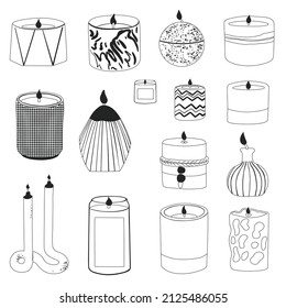 Scented candles outline set. Modern aromatic decoration for cozy home interior. Candle Lights collection. Flat vector illustrations isolated on white background