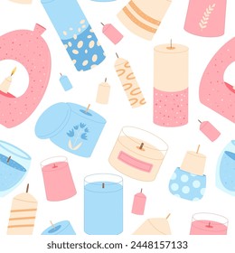 Scented candles seamless pattern. Aroma spa accessories endless background. Home decor items repeat cover. Vector cartoon flat illustration.