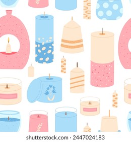 Scented candles seamless pattern. Cozy aroma spa accessories endless background. Home decor romantic items repeat cover. Vector cartoon flat illustration.