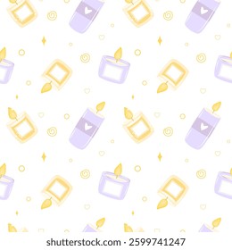Scented candles seamless pattern with cute hand drawn different shapes candles. Vector seamless pattern. Natural organic candles, home relaxation, aromatherapy concept