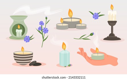Scented candles set. Collection of elements for aroma therapy and romantic dates. Love and care, comfort and coziness in apartment. Cartoon flat vector illustrations isolated on beige background