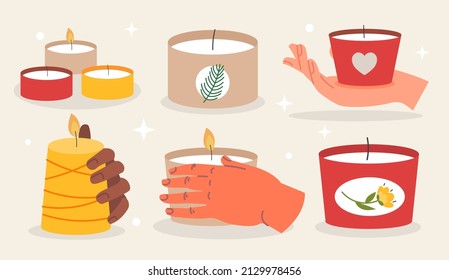 Se pusieron velas perfumadas. Pegatinas coloridas con hermosas velas de cera y manos. Elementos de aromaterapia, relajación y ambiente atmosférico. Colección vectorial plana de dibujos animados aislada en fondo blanco