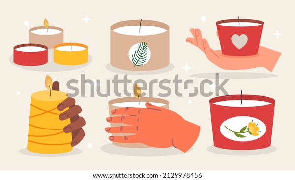 Scented candles set. Colorful stickers with\
beautiful wax candles and hands. Elements for aromatherapy,\
relaxation and atmospheric mood. Cartoon flat vector collection\
isolated on white\
background