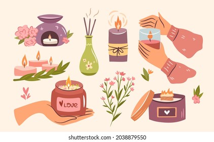 Scented candles set. Cozy collection of candles in hands, in a jar. Hygge time. Aromatherapy and relaxation set. Hand drawn flat vector.