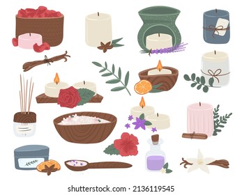 Scented candles set. Cozy collection of candles in hands, in a jar. Hygge time. Collection of modern scented candles made of soy and coconut wax, essential oils, various craft design