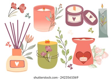 Scented candles set. Cozy collection of candles. Hygge time. Aromatherapy and relaxation set. Hand drawn flat vector.