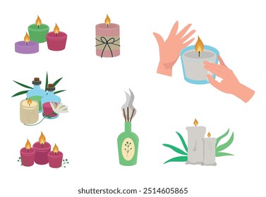 Scented candles set. Cozy collection of candles in hands, in a jar. Hygge time. Aromatherapy and relaxation set. Hand drawn flat vector.