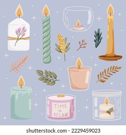 Velas perfumadas, conjunto de elementos aislados con ramas decorativas, ilustración vectorial, estilo dibujado a mano plana