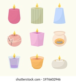 Scented candles set. Wax red relaxation with aromatherapy decorative purple beauty pastel relaxation after hard day psychological treatment stress relief cozy yellow romance. Vector appeasement.