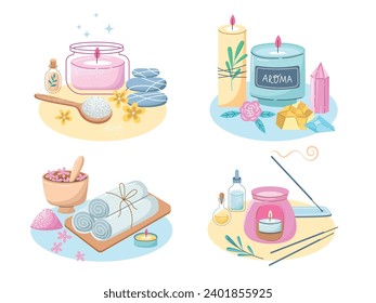 Scented candles and spa accessories compositions. Cute cartoon aromatherapy things, bath relaxing and beauty massage essentials, vector set.eps
