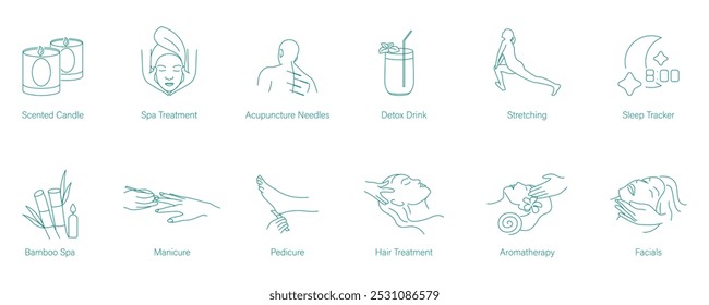 Scented Candles, Spa Treatment, Acupuncture, Detox Tea, Stretching, Sleep Tracker, Bamboo Spa, Manicure, Pedicure, Hair Treatment, Head Massage, Aromatherapy, and Facials Vector Icons for Relaxation  