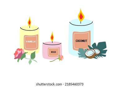  Scented candles with Vanilla, Rose and Coconut flavors. Illustration for the mood of comfort and relaxation. Matches lie next to three lit candles. Flat, vector.