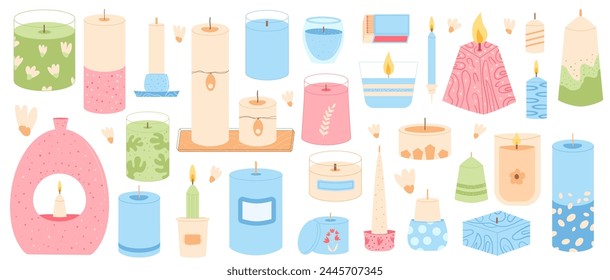 Scented candles various shapes set. Wax, soy, paraffin candles . Aroma spa accessories for relax collection isolated on white background. Interior cosy home decor items. Vector flat illustration.