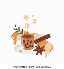Scented cozy candle. Hygge time. Aromatherapy and relaxation. Hand drawn flat vector. Decorative wax candle for relax and spa. 