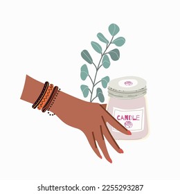 Scented cozy candle. Hygge time. Aromatherapy and relaxation. Hand drawn flat vector. Decorative wax candle for relax and spa. 