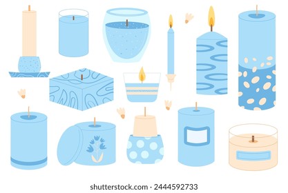 Scented crafted candles different shapes set. Wax, soy, paraffin candles in jar, containers pillar. Aroma spa accessories for relax collection. Home decor items. Vector flat illustration.