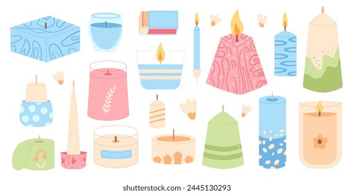 Scented crafted candles different shapes set. Wax, soy, paraffin candles in jar, containers pillar. Aroma spa accessories for relax collection. Home decor items. Vector flat illustration.