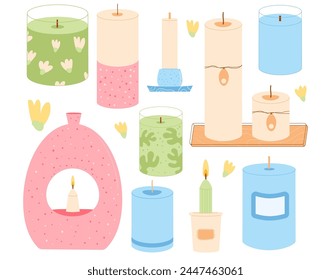 Scented crafted candles different shapes set. Wax, soy, paraffin candles in jar, containers pillar. Aroma spa accessories for relax collection. Home decor items. Vector flat illustration.