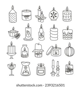 Scented fancy candles doodle coloring sets. Decoration for festival party, new year, christmas, birthday or valentine. Candlelight with wick and wax. Outline flat vector graphic illustration