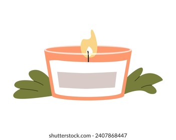 Scented Сandle in a Jar Isolated. Relax Time. Cozy Aroma Candle. Hand Drawn Flat Vector Illustration.