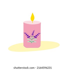 Scented lavender candle for aromatherapy. Flat vector illustration.