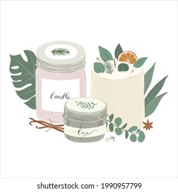 Scented natural wax candles in jars and tins , various aromatic candles composition, decorated with plant leaves, aromatheraphy and wellness concept, hygge home decorations