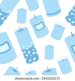 Scented pillar candles seamless pattern. Aroma spa accessories endless background. cylindrical interior decor blue items repeat cover. Vector cartoon flat illustration.