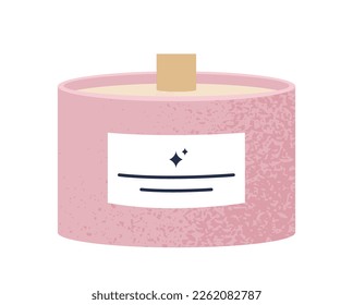 Scented pink candle. Aromatherapy and spa treatments. Comfort and coziness in apartment. Paraffin decoration for room. Meditation and relax. Cartoon flat vector illustration