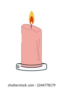 Scented pink wax candle in a candle holder. Home aromatherapy, home decoration. Vector isolated illustration