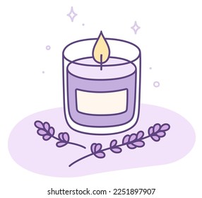 Scented purple aromatherapy candle with lavender sprigs. Relaxation and wellness doodle. Cute hand drawn vector illustration.