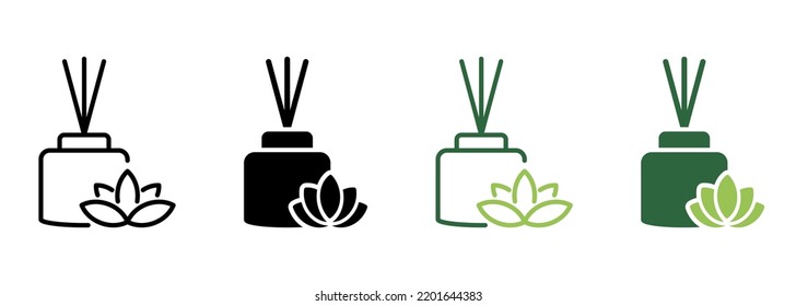 Scented Reed Diffuser Oil Silhouette and Line Icon. Aromatherapy Pictogram. Aroma and Fragrance Therapy Stick in Glass Icon. Editable Stroke. Isolated Vector Illustration.