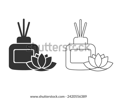 Scented Reed Diffuser Oil Silhouette and line Icon set. Aromatherapy Pictogram. Aroma and Fragrance Therapy Stick in Glass Symbol. Editable Stroke. Isolated Vector Illustration