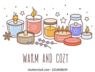 Scented soy wax aroma candles  set - isolated vector horizontal border for cozy home relax design