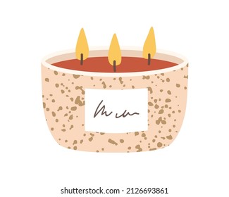 Scented soy wax candle. Modern three-wicked aromatic decoration for cosy home interior. Decorative romantic candlelight in ceramic. Flat vector illustration isolated on white background