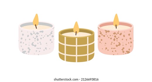 Scented wax candles. Modern aromatic decoration for cosy home interior. Decorative burning candlelight. Natural romantic decor with flame. Flat vector illustration isolated on white background