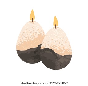velas de cera perfumada de forma redondeada de huevo. Decoración de casa aromática. Lámparas de aroma bicolor natural moderno. Objeto romántico con luz brillante. Ilustración vectorial plana aislada en fondo blanco