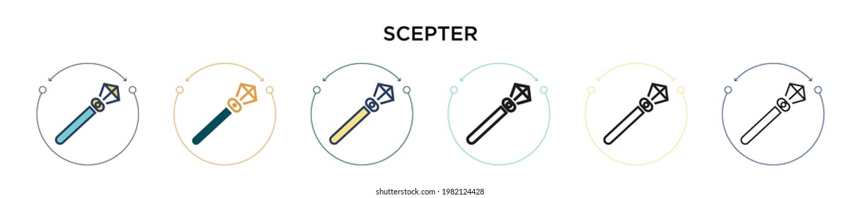 Scepter icon in filled, thin line, outline and stroke style. Vector illustration of two colored and black scepter vector icons designs can be used for mobile, ui, web