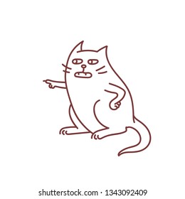 Sceptic Cat Argues With Someone Pointing With Paw Make Lesson, Condemn And Judging Pet Concept Funny Doodle Sketch Vector Outline Illustration Isolated On White Background