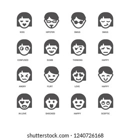 Sceptic, Happy, Thinking, In love, Kiss, Confused, Angry, Shocked, Smug icon 16 set EPS 10 vector format. Icons optimized for both large and small resolutions.