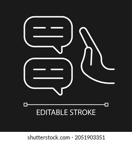 Sceptical view white linear icon for dark theme. Scepticism. Doubting and questioning mindset. Thin line customizable illustration. Isolated vector contour symbol for night mode. Editable stroke