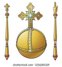 Sceptre and globus cruciger also known as orb. Sign of royal authority. Line drawing coloured and shaded isolated on white background. EPS10 Vector illustration