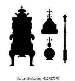 A sceptre, power, crown and throne. Vector royal set. Black  silhouettes and icons. Vector illustration.