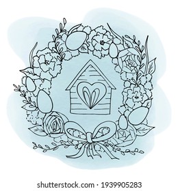 Scetch of Easter wreath of flowers decorated with painted eggs, ribbon and house with a window. Vector illustration in the style of line-art handdrawn isolate the black line on a blue watercolor