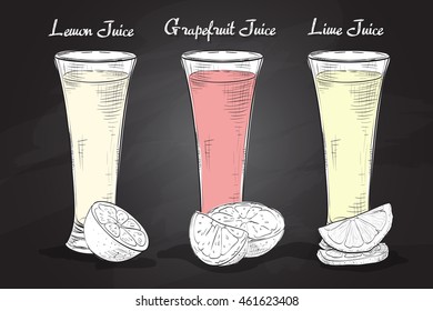 Scetch gasses of juices on a blackboard