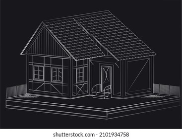 Proyecto de geometría de la casa 3d exterior o mini hotel en líneas blancas, eps 10, ilustración vectorial de stock, construcción artesanal, estilo europeo antiguo, vista de fachada linda, hogar acogedor para viajes y turismo