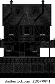 Scetch geometry project of house exterior or mini hotel in white lines, eps 10, stock vector illustration, handmade building, old european style, cute facade view, cozy home for travel and tourist
