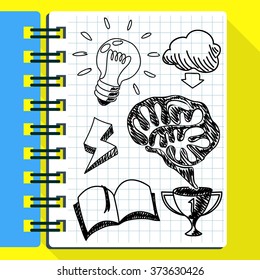 Scetch hand drawn new idea notebook. Idea and innovation new, light bulb, new concept, think outside the box, hand doodle drawn, notebook and sketch, drawing, scribble new idea business illustration