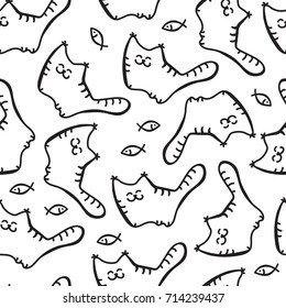 Scetched doodle black and white seamless pattern with cats. Emoticat collection hand drawn imitation. Prankster pet vector illustration