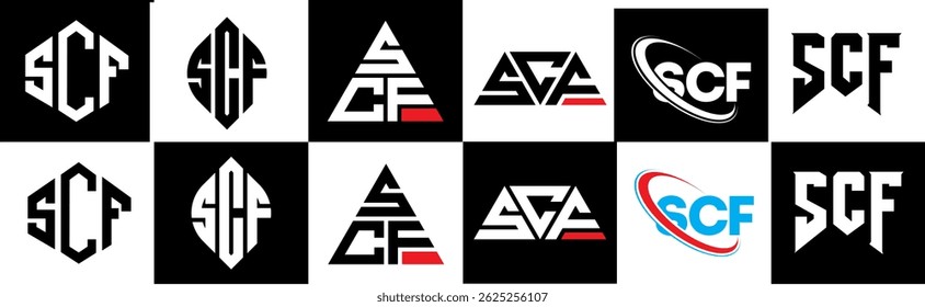 SCF letter logo design in six style. SCF polygon, circle, triangle, hexagon, flat and simple style with black and white color variation letter logo set in one artboard. SCF minimalist and classic logo